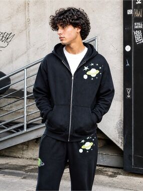 Kids Worldwide Black Orbit Zip Hoodie Cotton Large Unisex Solar System Graphic
